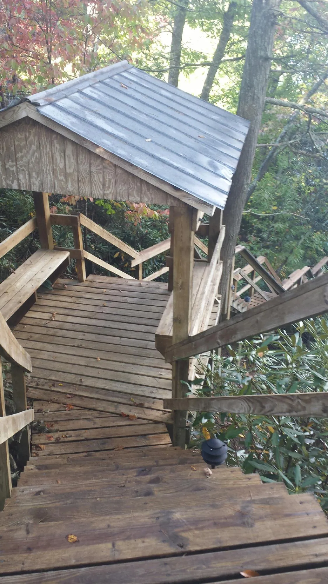 Metal roofed shelter over wooden steps on a wooded walkway — Skylight Repair & Installation work by our crew in Nellysford